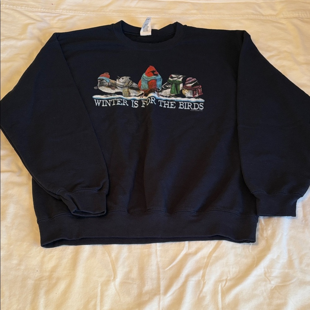 Navy Crewneck Sweatshirt size Large with “Winter is For The Birds” Design